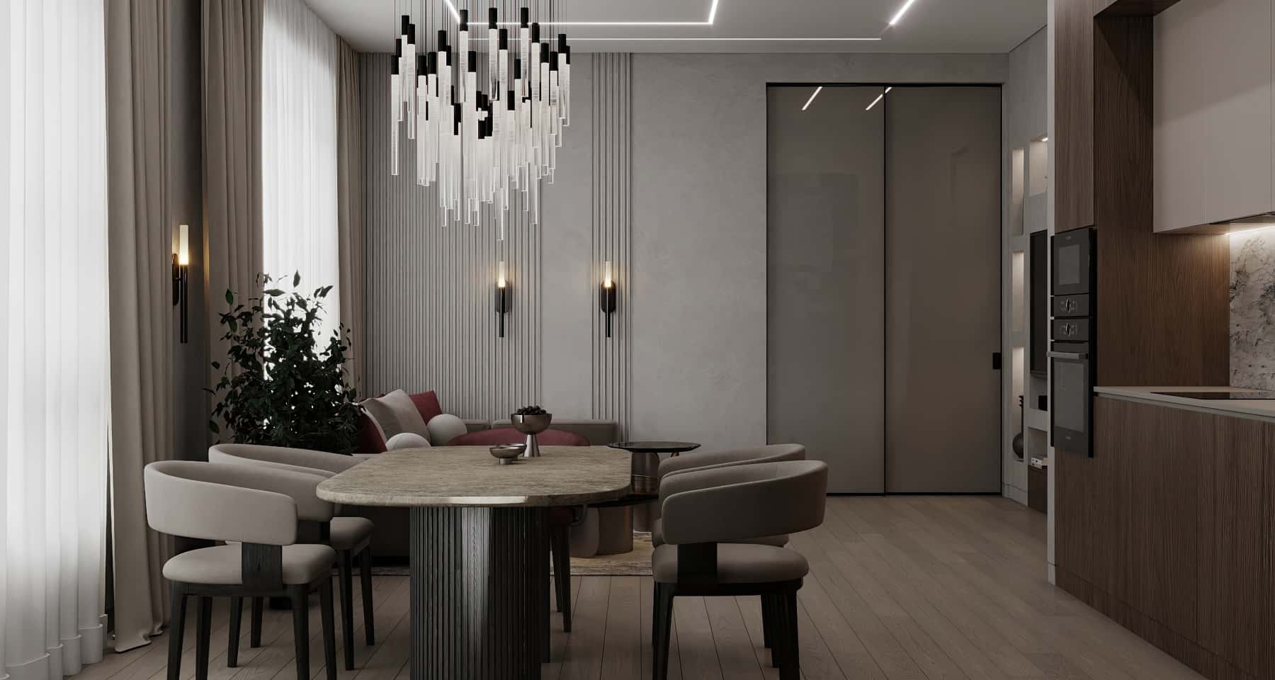 Елементи декору в стилі джапанді: кераміка ручної роботи та рослини в мінімалістичних горщиках.