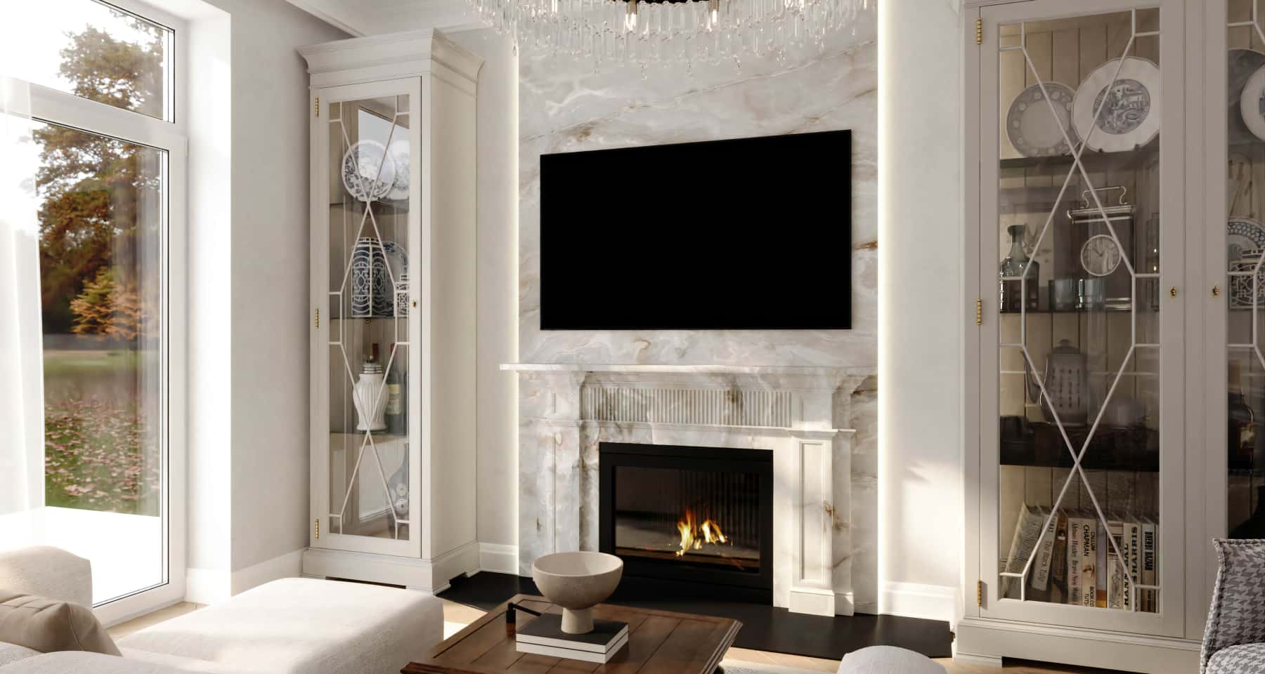 Сучасна елегантність інтер'єру Стильний інтер'єр заміського будинку, що демонструє сучасну елегантність у поєднанні з класичними елементами.