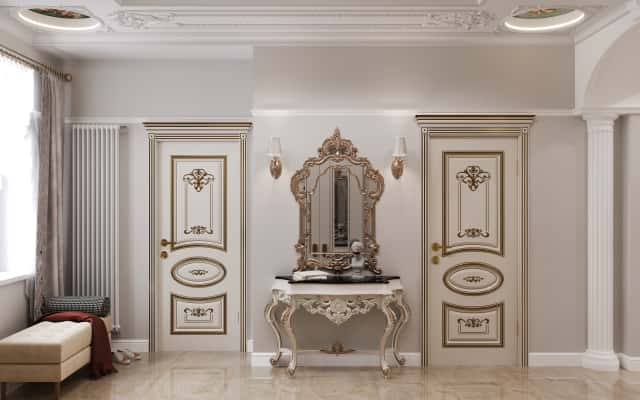 Елегантний інтер'єр у стилі необароко з меблями з оксамиту та розкішним декором.