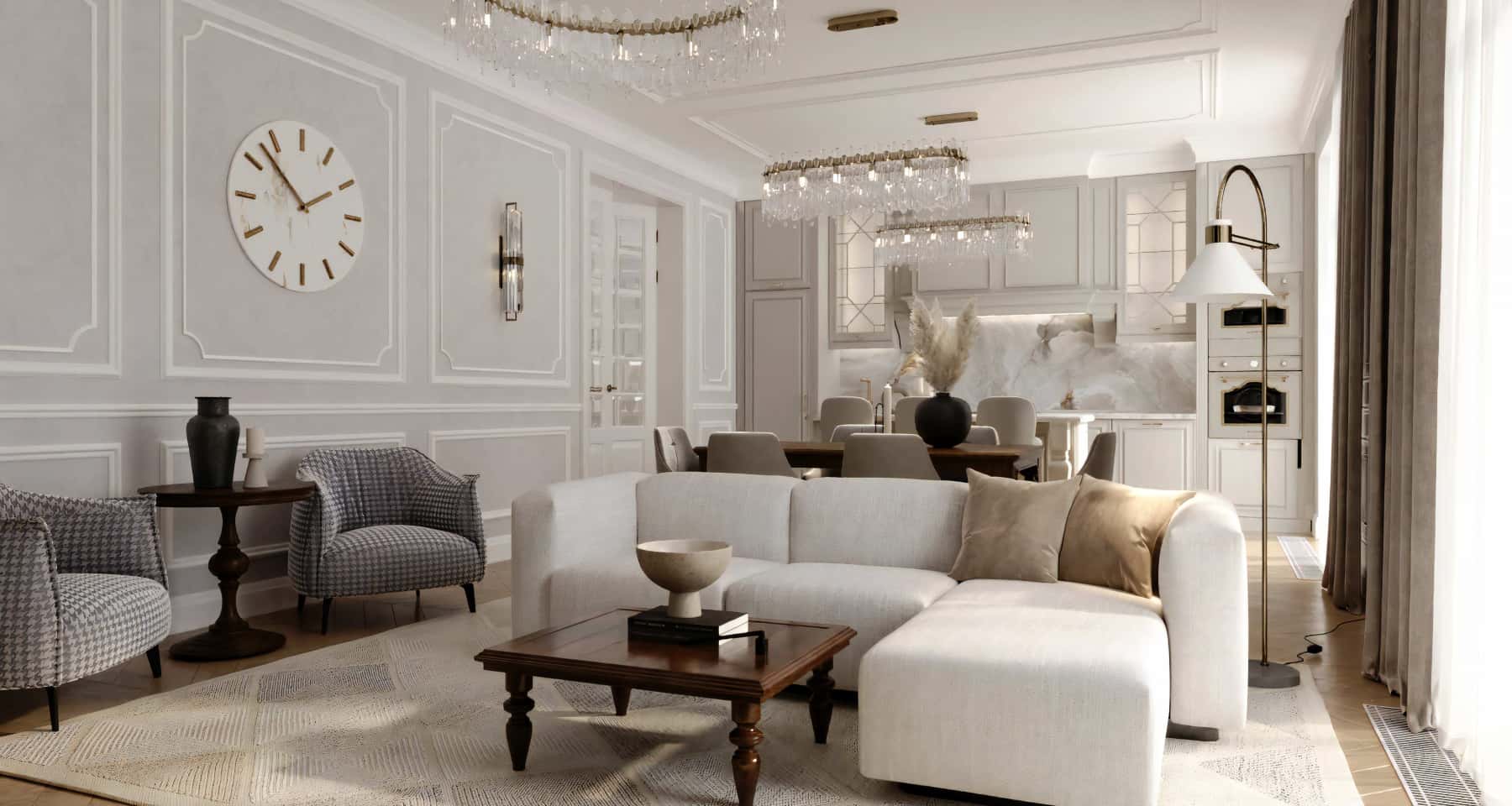 Світла неокласика Світлий та просторий інтер'єр заміського будинку, виконаний у вишуканому неокласичному стилі.