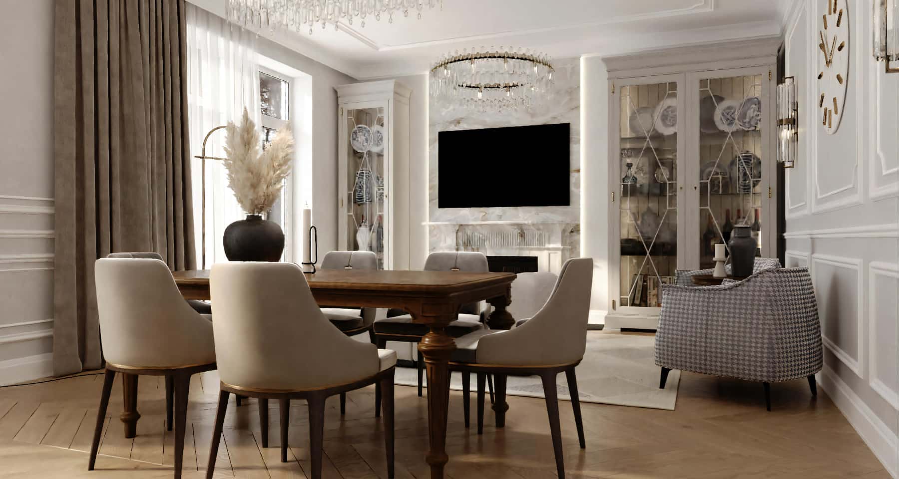 Неокласика заміського будинку Розкішна вітальня в заміському будинку в неокласичному стилі з вишуканими меблями та декором.