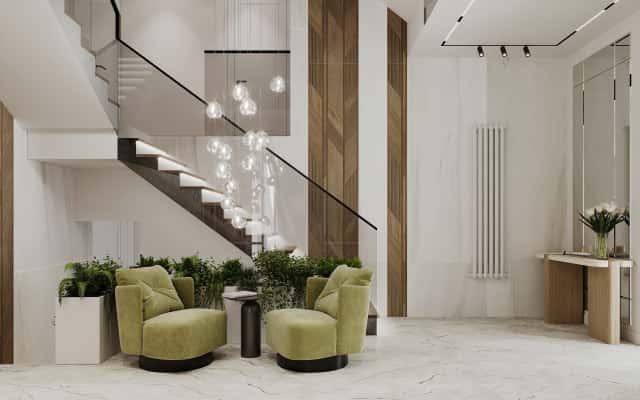 Сучасний мінімалізм Сучасний дизайн інтер'єру 2026: втілення мінімалізму та функціональності в заміському будинку.