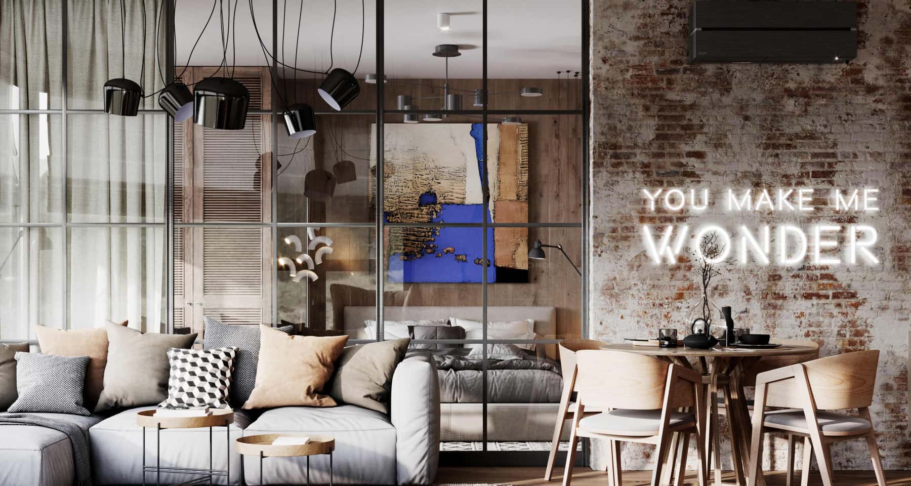 Дизайн вітальні з елементами лофту, поєднує грубі текстури та класичні форми.