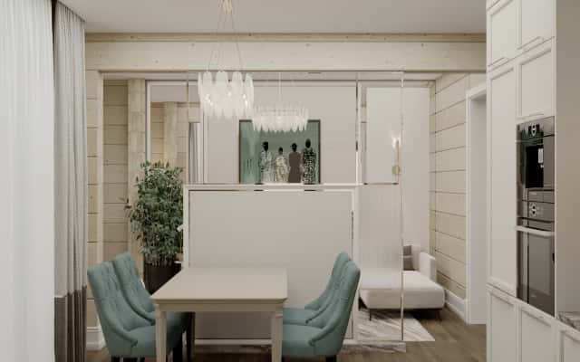 Симетрія неокласики Класичний неокласичний інтер'єр заміського будинку з акцентом на симетрію та симетричні форми.