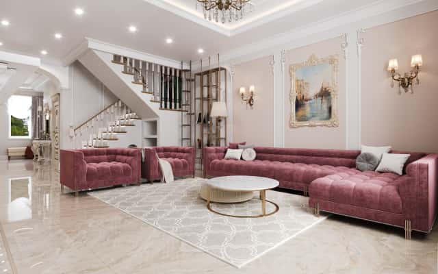 Розкішна спальня в стилі необароко з акцентом на меблі з оксамиту.