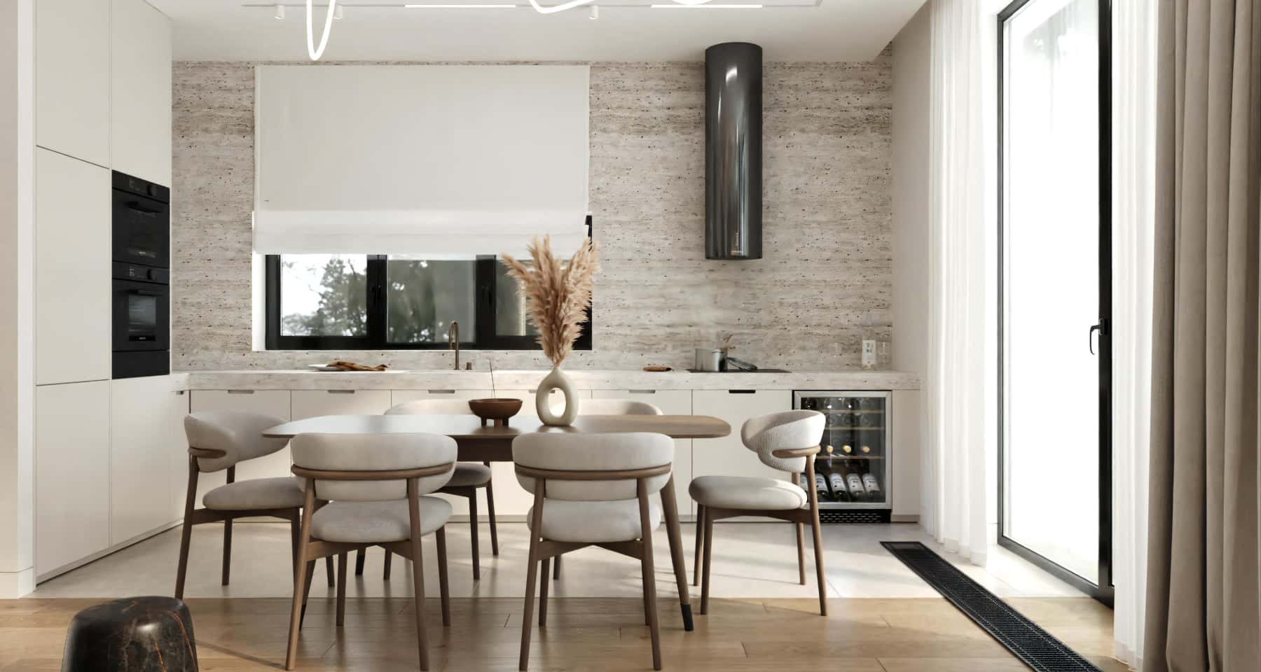 Скандинавська кухня з білими фасадами, дерев'яною стільницею та акцентом на функціональності.