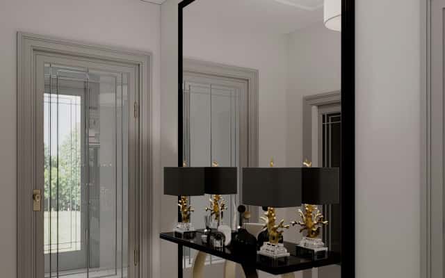 Світла неокласика Світлий, просторий інтер'єр заміського будинку, виконаний у сучасному неокласичному стилі.