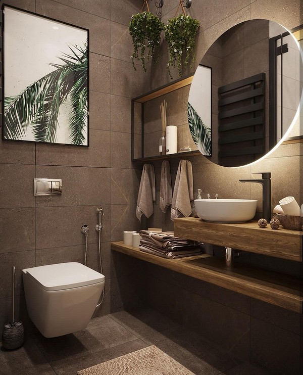 Світла дерев'яна стільниця Світла дерев'яна стільниця у сучасному інтер'єрі ванної кімнати, стильний акцент.