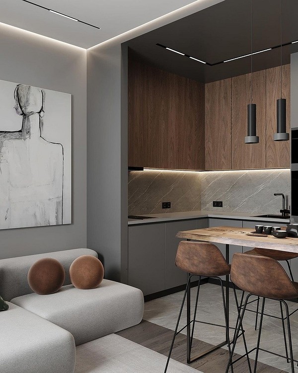 Сучасний кутовий диван на кухні у маленькій квартирі 2026 з місцем для зберігання.