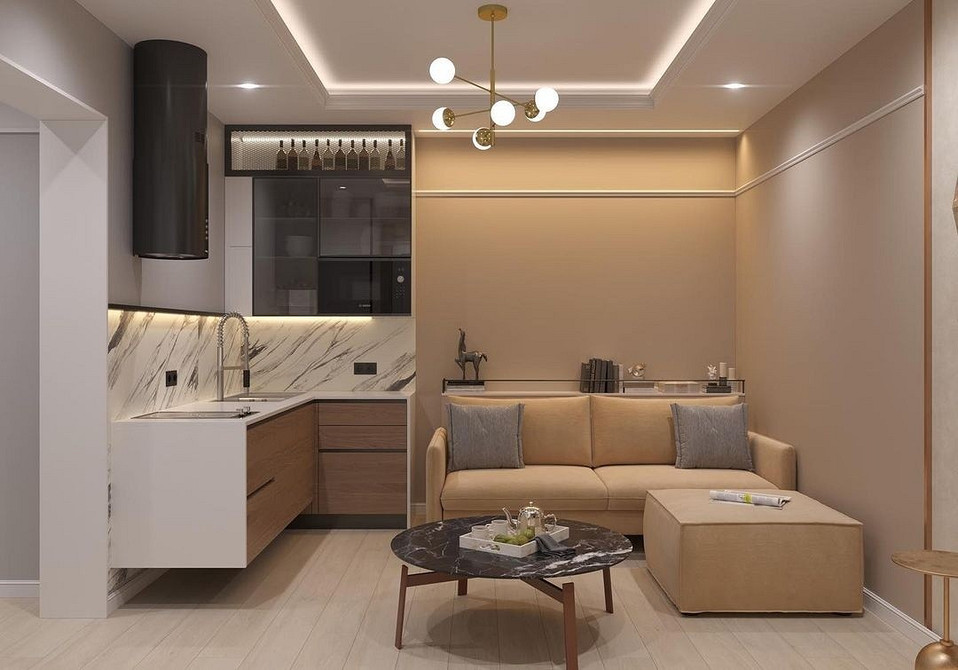 Кутовий диван з дерев'яними елементами на кухні: природність та екологічність