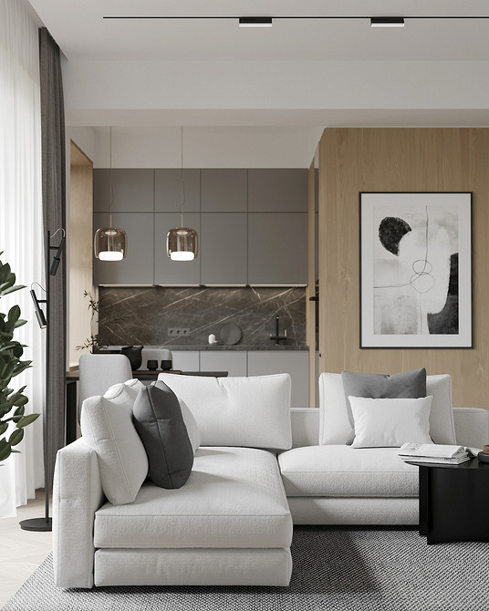 Сучасний кутовий диван на кухні з обідньою зоною та великим вікном.