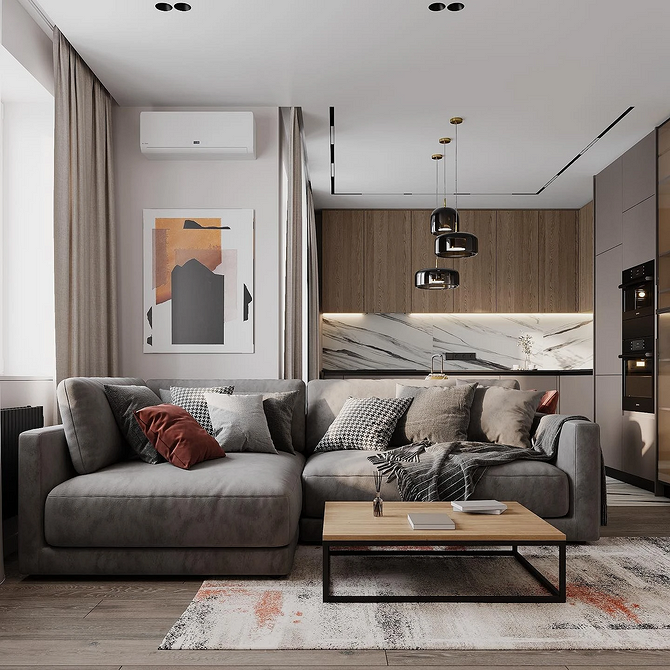 Кутовий диван у вітальні з панорамними вікнами, сучасний дизайн