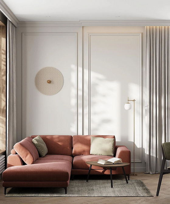 Кутовий диван сірого кольору в сучасній вітальні, дизайн інтер'єру