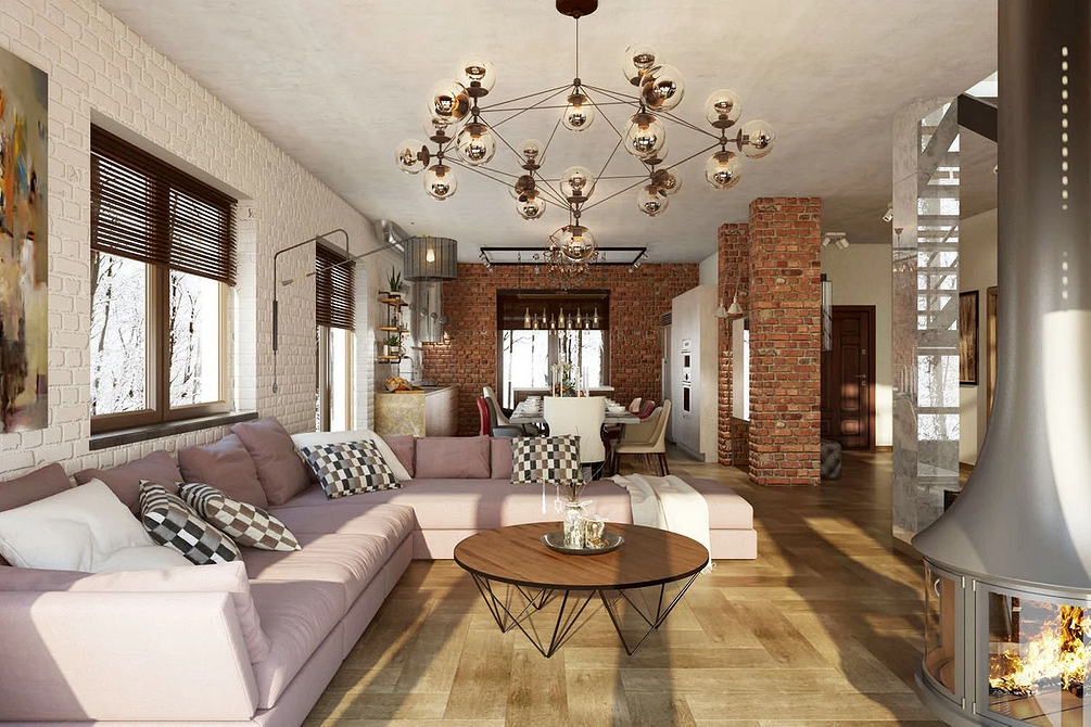 Великий кутовий диван з текстильною оббивкою в інтер'єрі, ідеальне місце для великої родини.