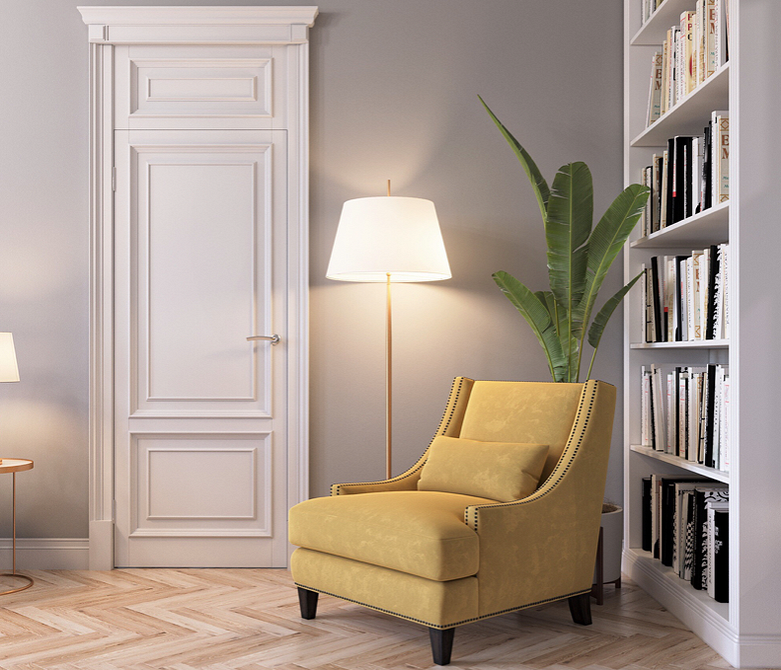 Комплект з крісла та пуфа в світлих тонах, що створює відчуття легкості та простору в кімнаті