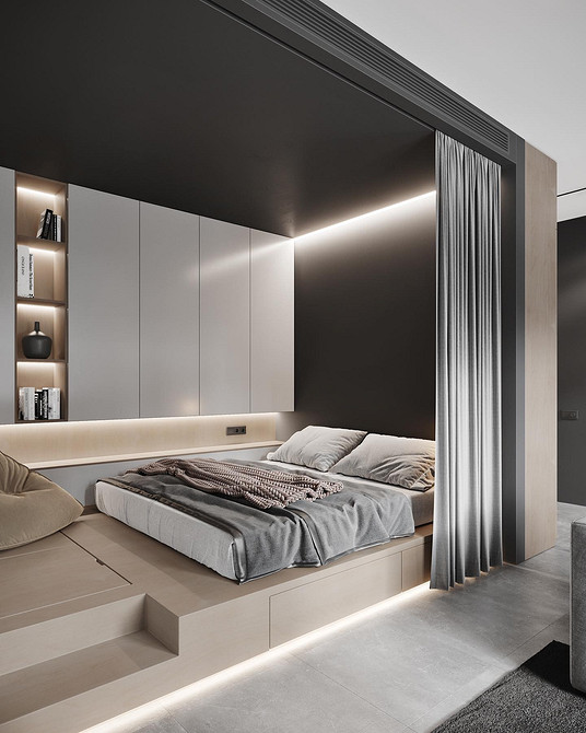 Дизайн сучасної спальні з ліжком. Зонування простору для максимального комфорту.