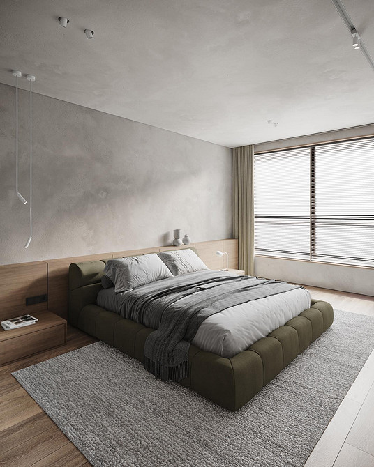 Світла спальня 2026 Спальня в світлих тонах 2026: сучасне ліжко з дерев'яними акцентами для затишку.