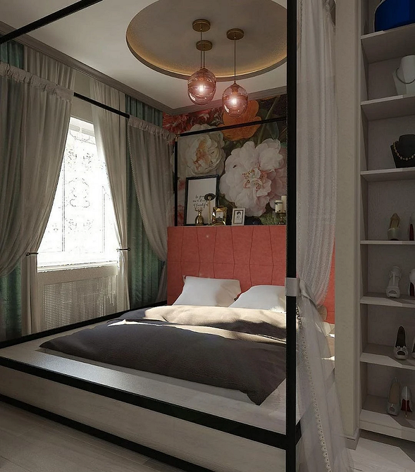 Стильна спальня з ліжком-подіумом і оригінальним дизайном освітлення. Зонування світлом.