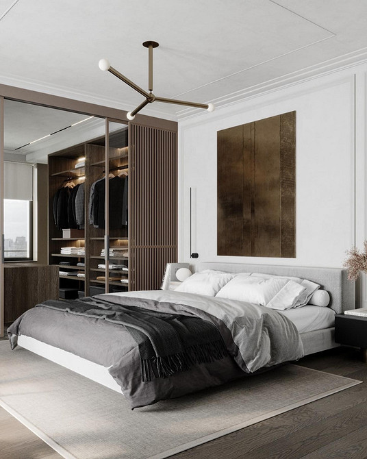 Стильна спальня з акцентом на ліжко-подіум та продумане освітлення
