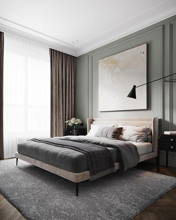 Сучасна спальня з ліжком та продуманим зонуванням. Комфорт та стиль в кожній деталі.