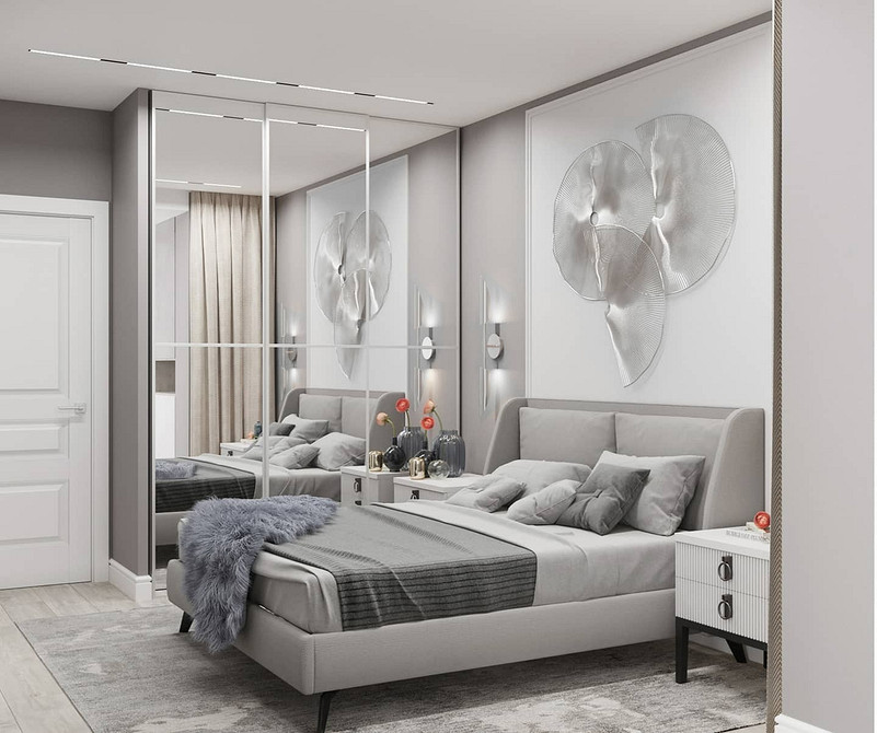 Стильний дизайн спальні з ліжком-подіумом та акцентною стіною