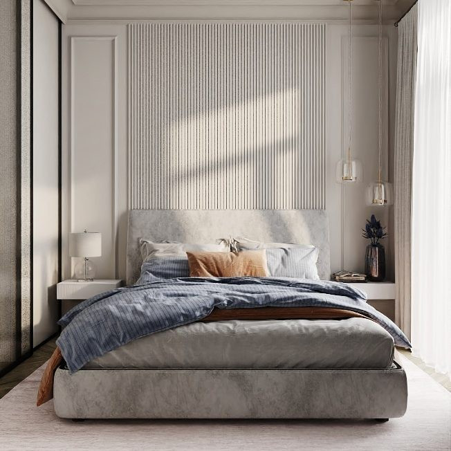 Геометрія в ліжку Стильна спальня 2026: сучасне ліжко з геометричним дизайном узголів'я для акценту.