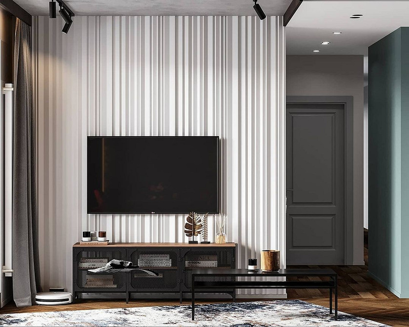 Довга тумба під телевізор для великої вітальні з місцем для зберігання.