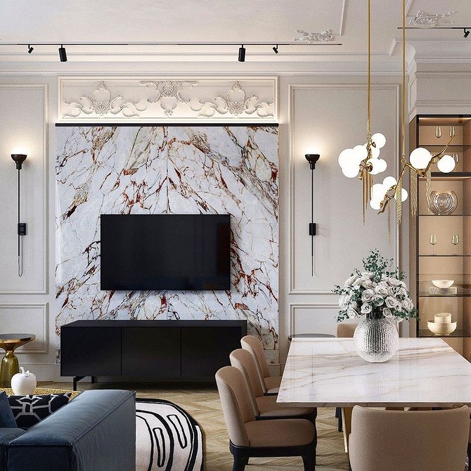 Сучасна тумба під телевізор з відкритими полицями в інтер'єрі вітальні.