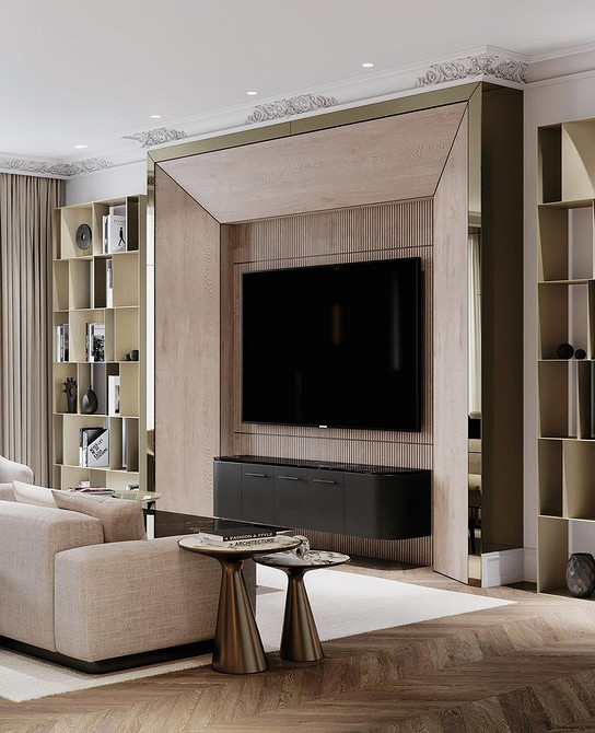 Підвісна тумба під телевізор в сучасному стилі для економії простору.