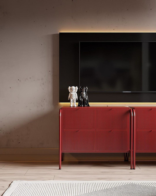 Біла тумба під телевізор з шухлядами для зберігання речей в вітальні.