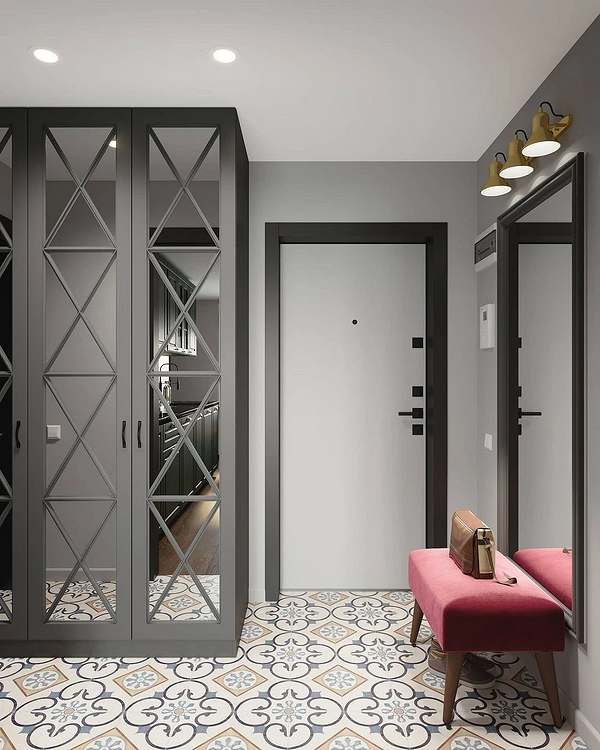 Сучасна дзеркальна шафа у вітальні з дизайном у світлих тонах.