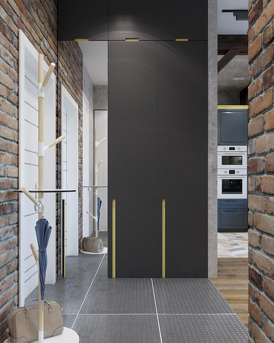 Дизайн інтер'єру з великою дзеркальною шафою в вітальні, сучасний стиль.