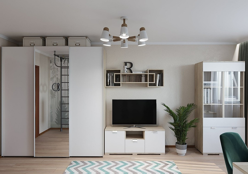 Дзеркальна шафа з підсвіткою у вітальні: сучасний дизайн та додаткове освітлення кімнати.