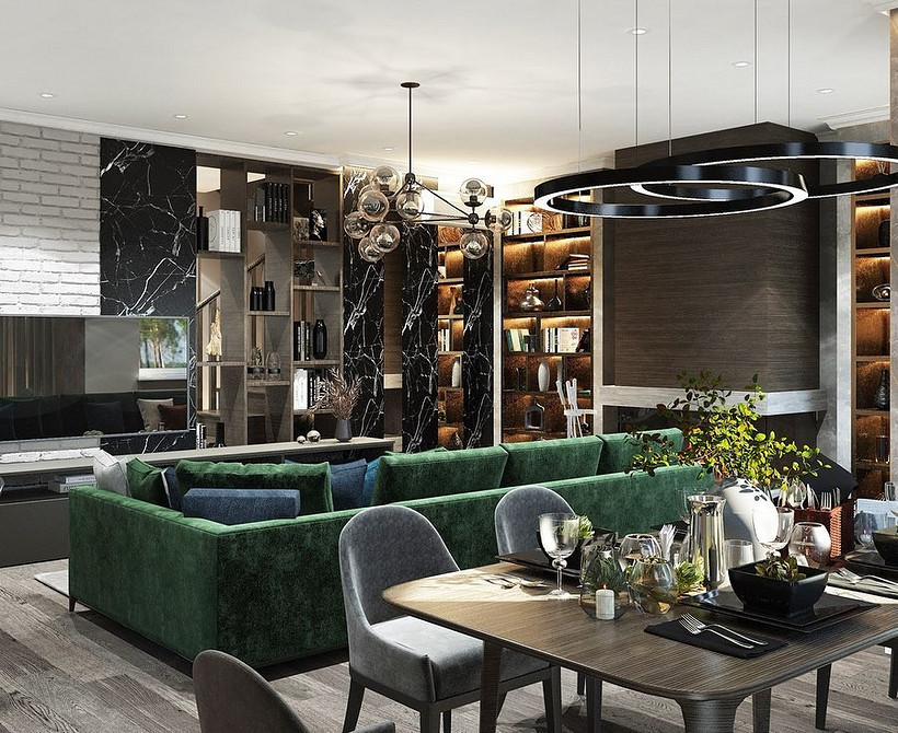 Стильний зелений диван в сучасному інтер'єрі з жовтими акцентами та мінімалістичним декором.