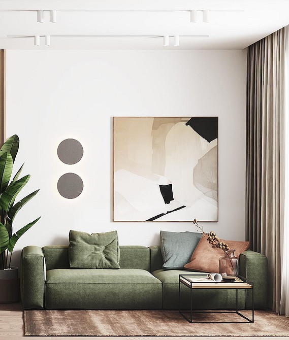 Сучасний інтер'єр з зеленим диваном, акцент на поєднанні кольорів 2026