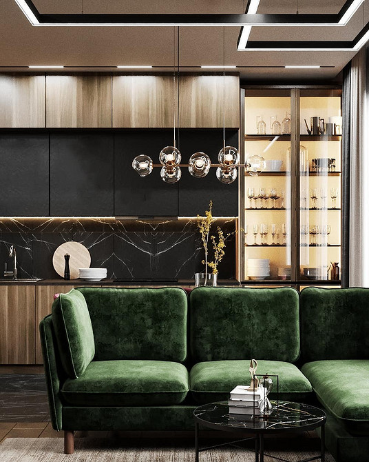 Стильний інтер'єр з диваном оливкового кольору та килимом з геометричним принтом у 2026