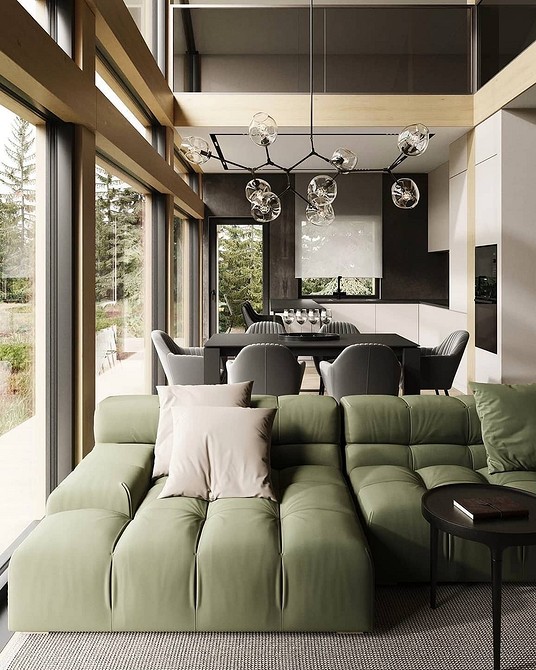 Зелений диван у мінімалістичному інтер'єрі, сучасний дизайн квартири 2026