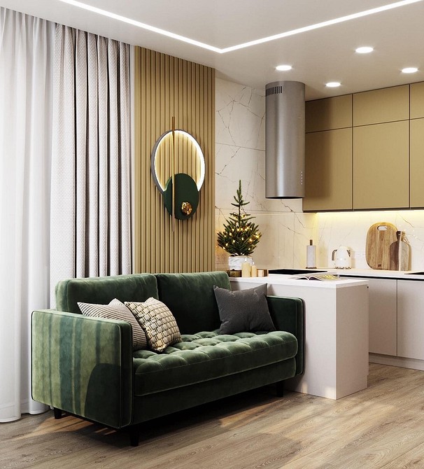 Зелений велюровий диван з подушками різних кольорів та текстур у 2026