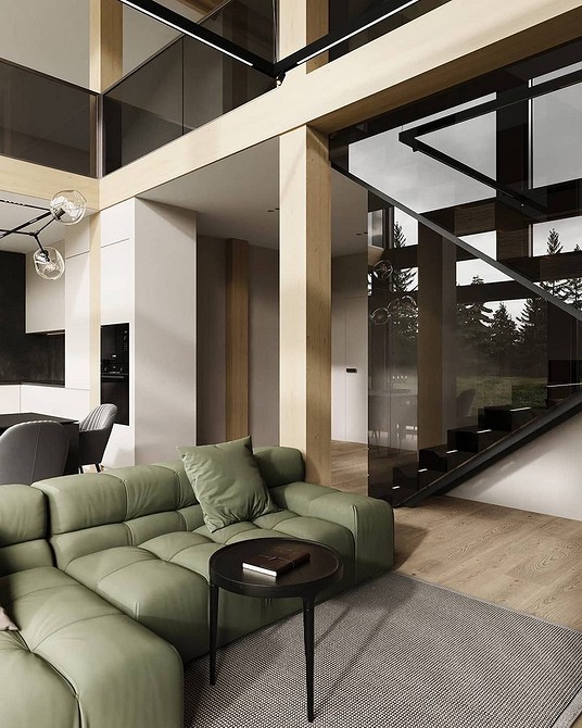 Зелений диван з декоративними подушками різних кольорів, стильний інтер'єр 2026