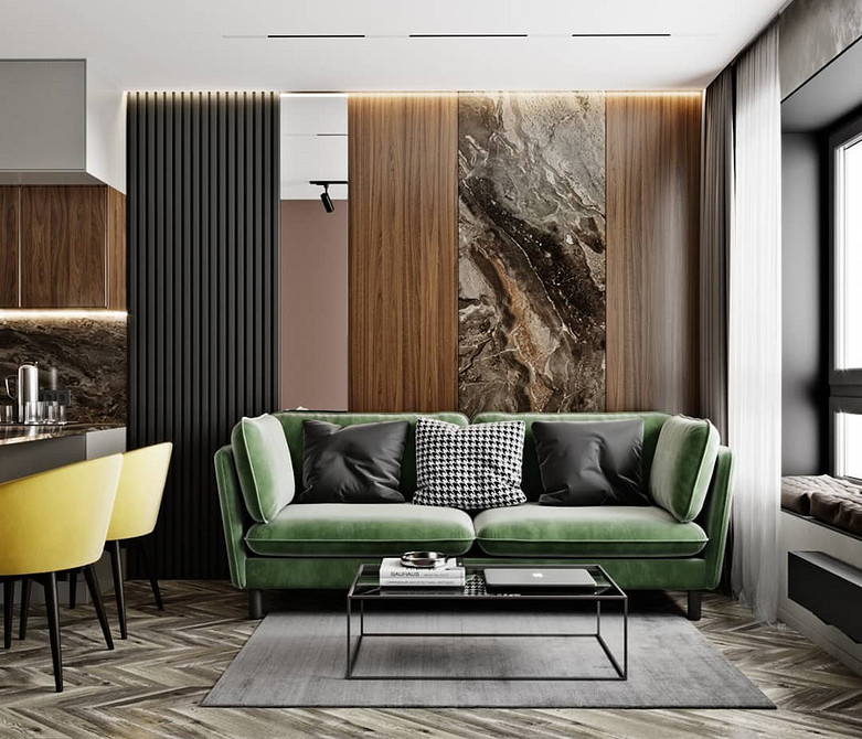 Інтер'єр маленької квартири з зеленим диваном: поради щодо вибору та розміщення.