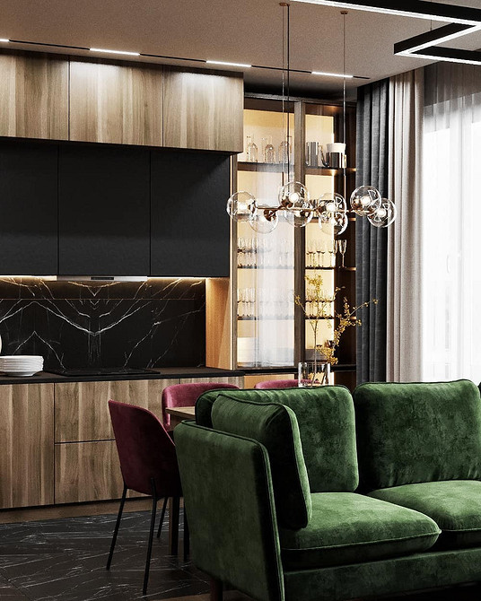 Зелений диван у маленькій квартирі з білими стінами та мінімалістичним декором у 2026