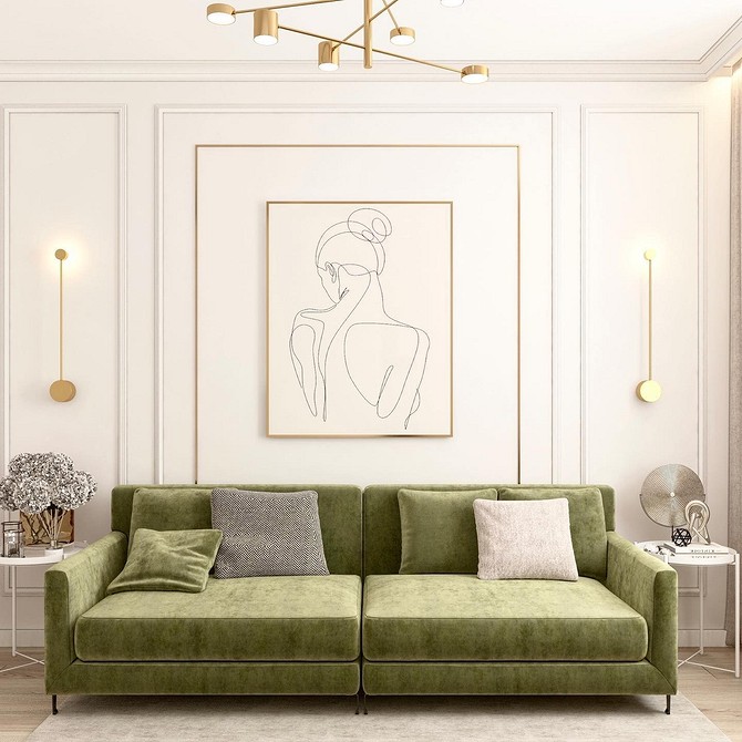 Елегантний зелений диван з велюровою оббивкою та металевими ніжками, тренд 2026