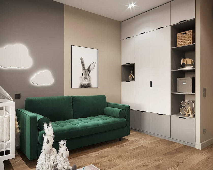 Оливковий диван в інтер'єрі: затишна вітальня з поєднанням кольорів у 2026 році.