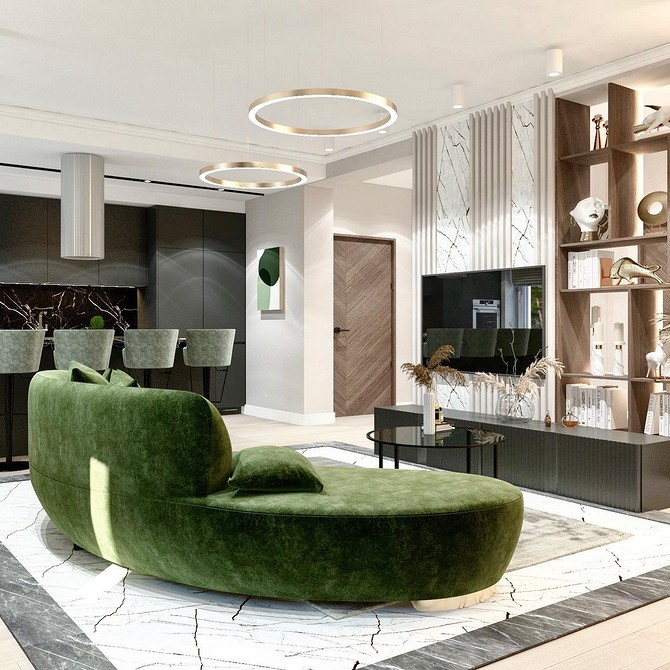 Кутовий зелений диван у вітальні з великим вікном та видом на місто