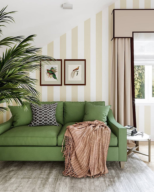 Інтер'єр вітальні з зеленим диваном та дерев'яним журнальним столиком у 2026 році