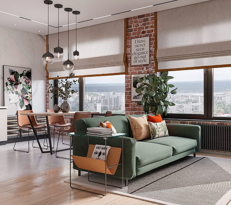 Зелений кутовий диван у вітальні з каміном та дерев'яними елементами у 2026