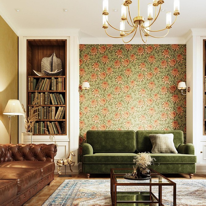 Сучасний інтер'єр з смарагдовим диваном, килимом з геометричним малюнком та золотистими акцентами.