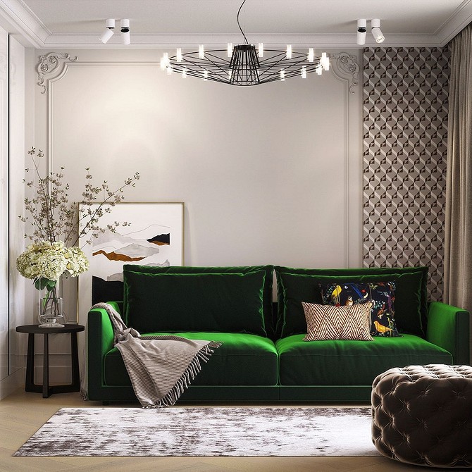 Сучасний інтер'єр вітальні з зеленим диваном: стильні рішення 2026 року