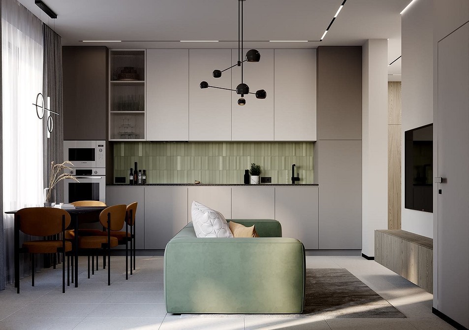 Інтер'єр з кутовим зеленим диваном, зручне рішення для великої родини 2026