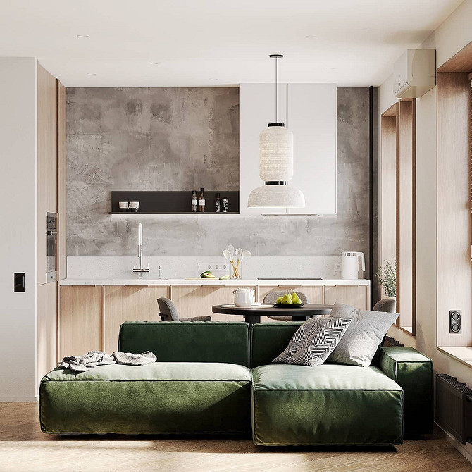 Зелений кутовий диван в інтер'єрі: функціональність та стиль для великої родини.